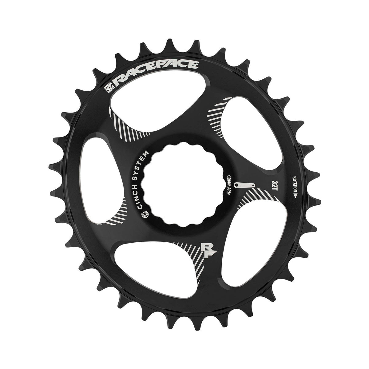 RACE FACE ovales Narrow-Wide-Kettenblatt für Einfachantrieb, 10-/11-/12-fach, Cinch Direct Mount, Schwarz — Kettenblatt vor weißem Hintergrund