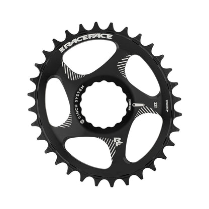 RACE FACE ovales Narrow-Wide-Kettenblatt für Einfachantrieb, 10-/11-/12-fach, Cinch Direct Mount, Schwarz — Kettenblatt vor weißem Hintergrund