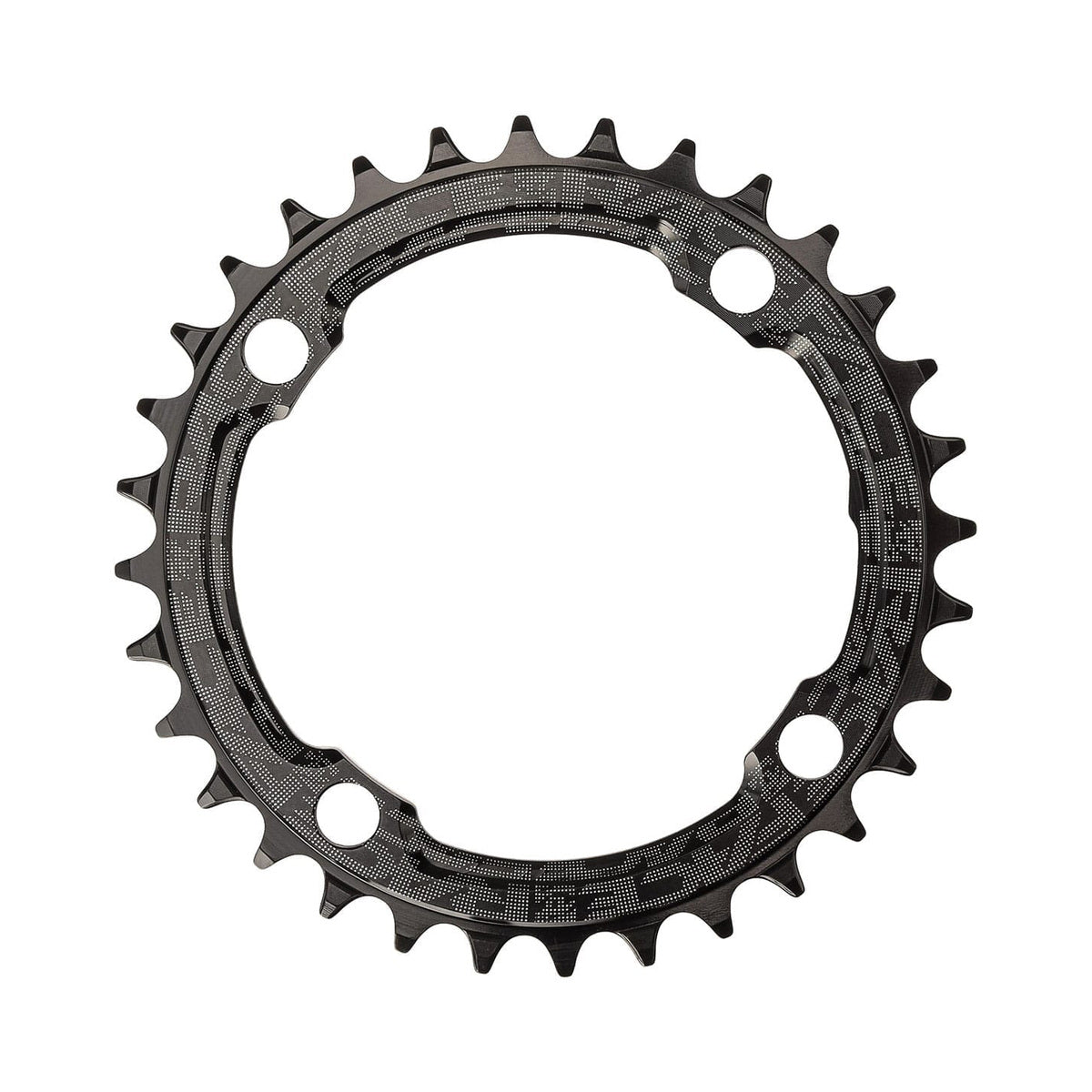 RACE FACE Narrow-Wide-Kettenblatt für Einfachantrieb, 9-/10-/11-/12-fach, 4-Loch, 104 mm, Schwarz — Kettenblatt vor weißem Hintergrund
