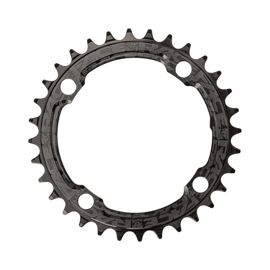 RACE FACE Narrow-Wide-Kettenblatt für Einfachantrieb, 9-/10-/11-/12-fach, 4-Loch, 104 mm, Schwarz — Kettenblatt vor weißem Hintergrund