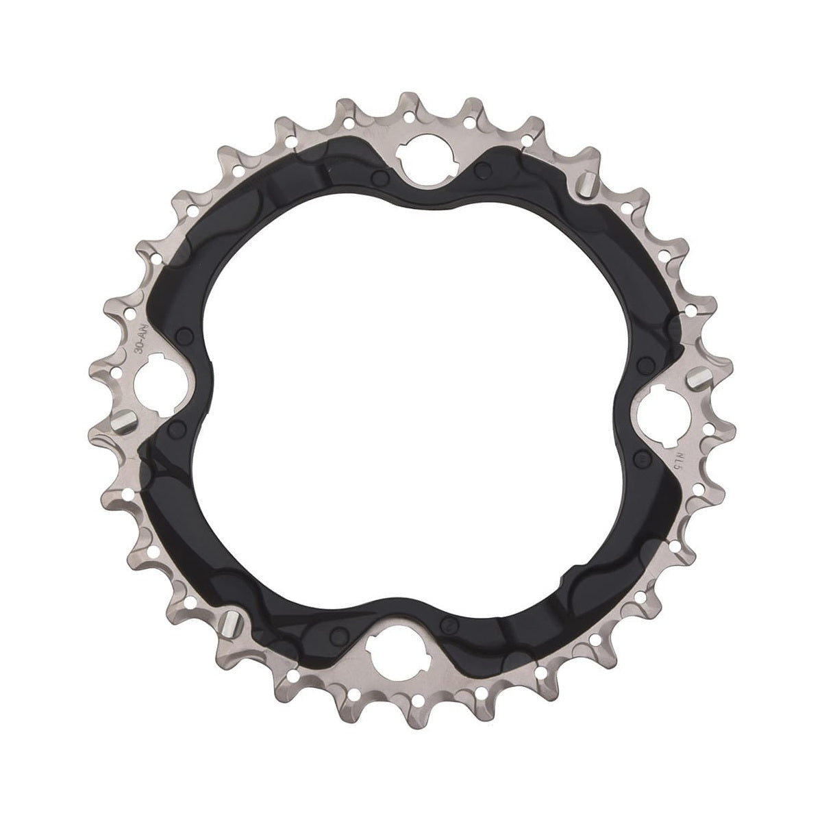 SHIMANO SLX M672 mittleres Kettenblatt, 10-fach, 4-Loch, 96 mm — Ansicht des Kettenblatts vor weißem Hintergrund