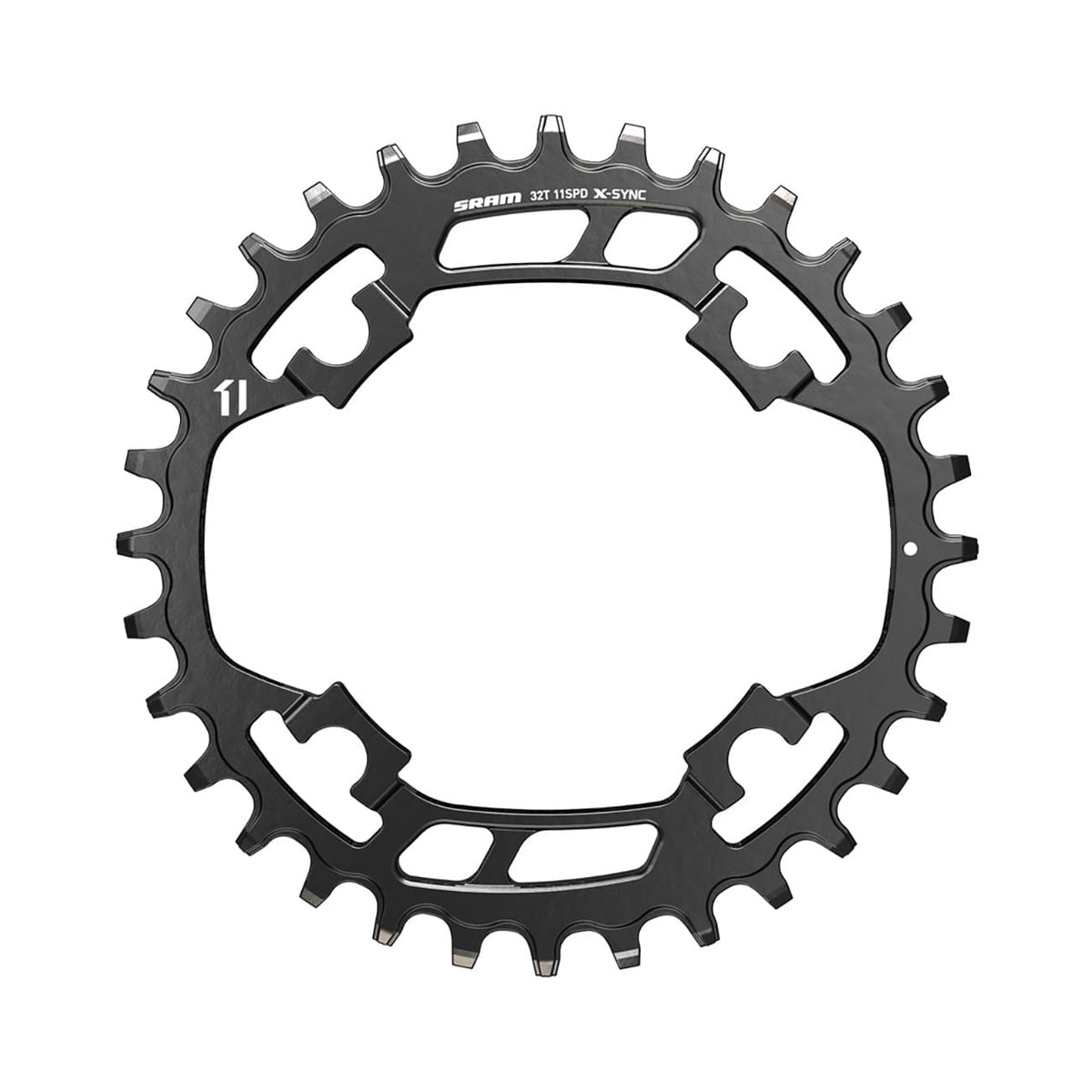SRAM X-SYNC Kettenblatt für Einfachantrieb, 11-fach, 4-Loch, 94 mm, Stahl, schwarz — Ansicht des Kettenblatts vor weißem Hintergrund