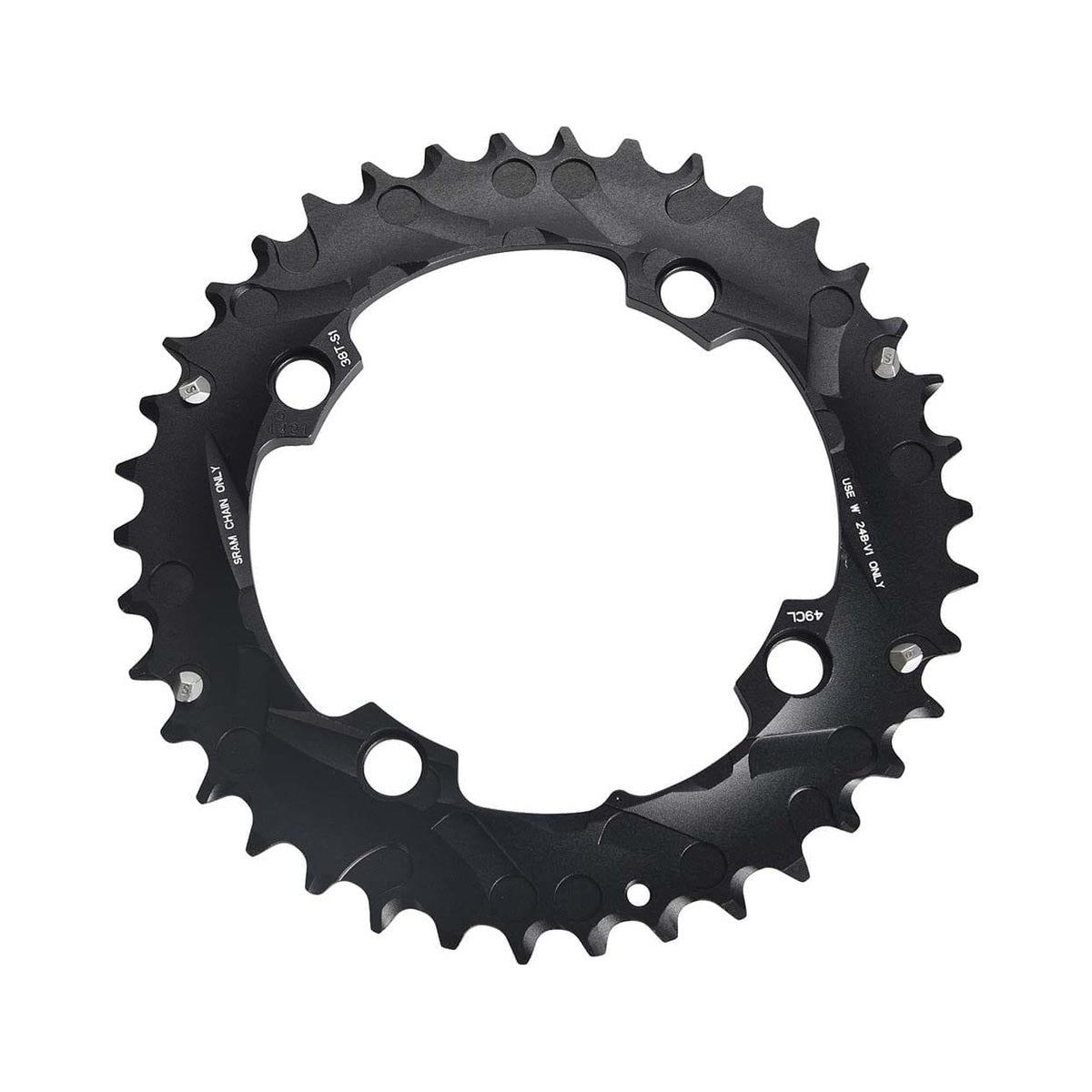 SRAM/TRUVATIV äußeres Kettenblatt, 10-fach, 4-Loch, 104 mm, schwarz — Ansicht des Kettenblatts vor weißem Hintergrund
