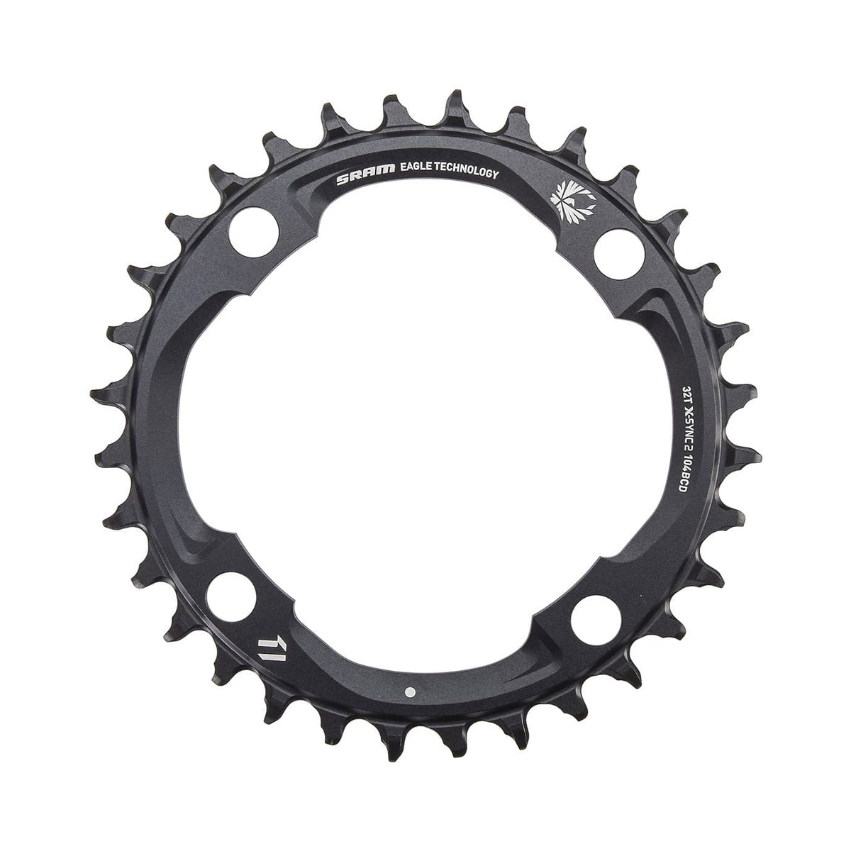 SRAM X-SYNC2 EAGLE Kettenblatt für Einfachantrieb, 12-fach, 4-Loch, 104 mm, schwarz — Ansicht des Kettenblatts vor weißem Hintergrund