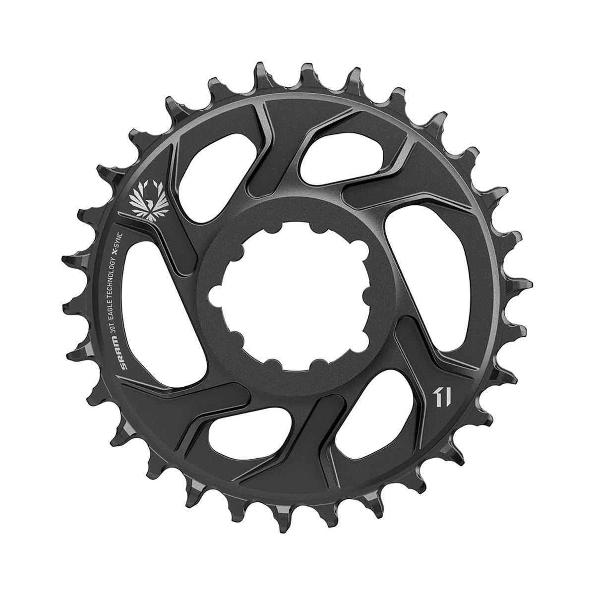 SRAM EAGLE X-SYNC 2 BOOST Kettenblatt für Einfachantrieb, 11/12-fach, Direct Mount, 3 mm Offset, Aluminium, schwarz — Ansicht des Kettenblatts vor weißem Hintergrund