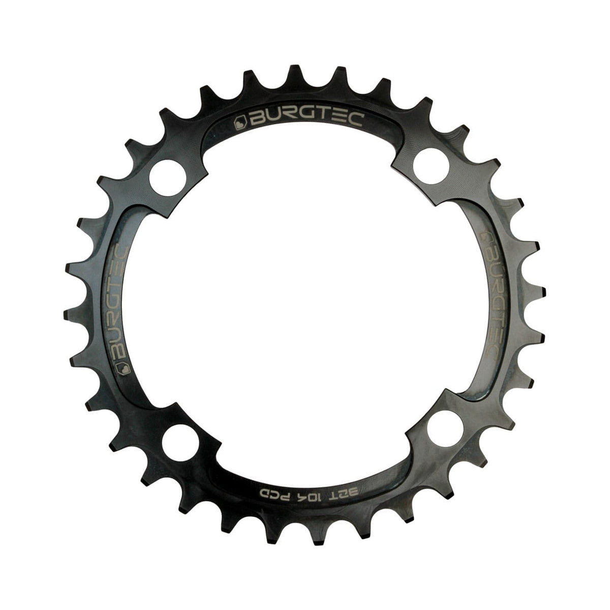 BURGTEC THICK THIN Narrow-Wide-Kettenblatt für Einfachantrieb, 9/10/11/12-fach, 4-Loch, 104 mm, schwarz — Ansicht des Kettenblatts vor weißem Hintergrund