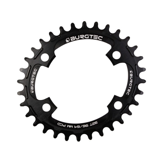 BURGTEC THICK THIN ovales Narrow-Wide-Kettenblatt für Einfachantrieb, 10/11/12-fach, 4-Loch, 64/96 mm, schwarz — Ansicht des Kettenblatts vor weißem Hintergrund