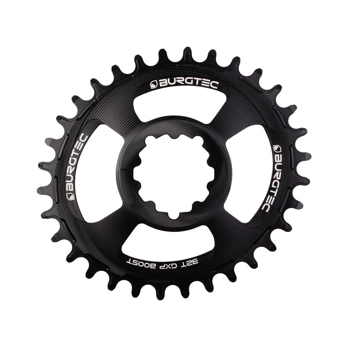 Ovales Einfach-Kettenblatt BURGTEC THICK THIN 11/12-fach BOOST Direct Mount Schmal-Breit, 3 mm Versatz, Schwarz — Kettenblatt auf weißem Hintergrund