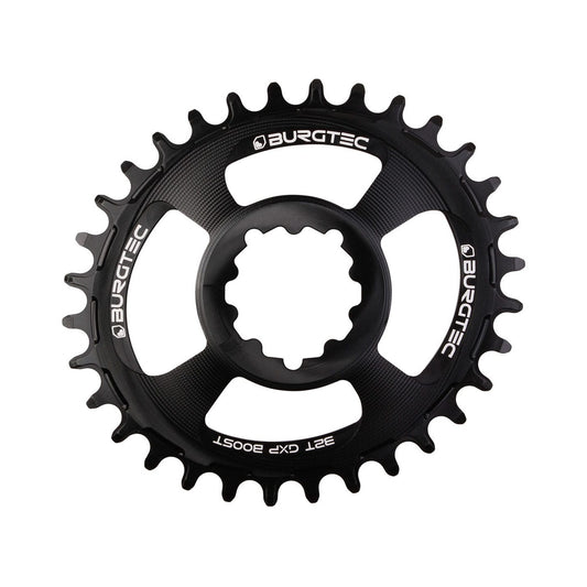 Ovales Einfach-Kettenblatt BURGTEC THICK THIN 11/12-fach BOOST Direct Mount Schmal-Breit, 3 mm Versatz, Schwarz — Kettenblatt auf weißem Hintergrund