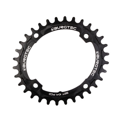 BURGTEC THICK THIN ovales Narrow-Wide-Kettenblatt für Einfachantrieb, 10/11/12-fach, 4-Loch, 104 mm, schwarz — Ansicht des Kettenblatts vor weißem Hintergrund