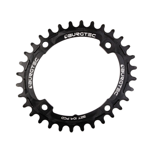 BURGTEC THICK THIN ovales Narrow-Wide-Kettenblatt für Einfachantrieb, 10/11/12-fach, 4-Loch, 104 mm, schwarz — Ansicht des Kettenblatts vor weißem Hintergrund