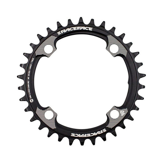 RACE FACE Kettenblatt für Einfachantrieb, kompatibel mit Shimano 12-fach, 4-Loch, 104 mm, schwarz — Ansicht des Kettenblatts vor weißem Hintergrund