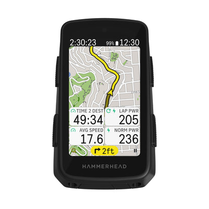 HAMMERHEAD KAROO 3 GPS-Fahrradcomputer — Vorderansicht mit Navigation und Streckendaten
