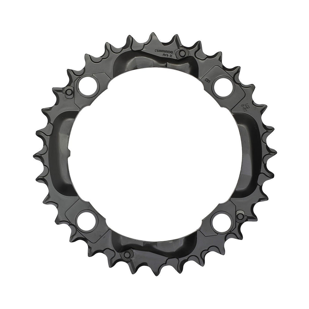 SHIMANO DEORE M590 mittleres Kettenblatt, 9-fach, 4-Loch, 104 mm, schwarz — Ansicht des Kettenblatts vor weißem Hintergrund