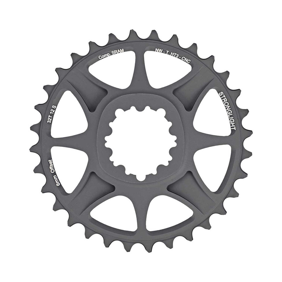 Einfach-Kettenblatt STRONGLIGHT SRAM EAGLE XX1/X01 12-fach HT3 Direct Mount, 6 mm Versatz — Kettenblatt auf weißem Hintergrund