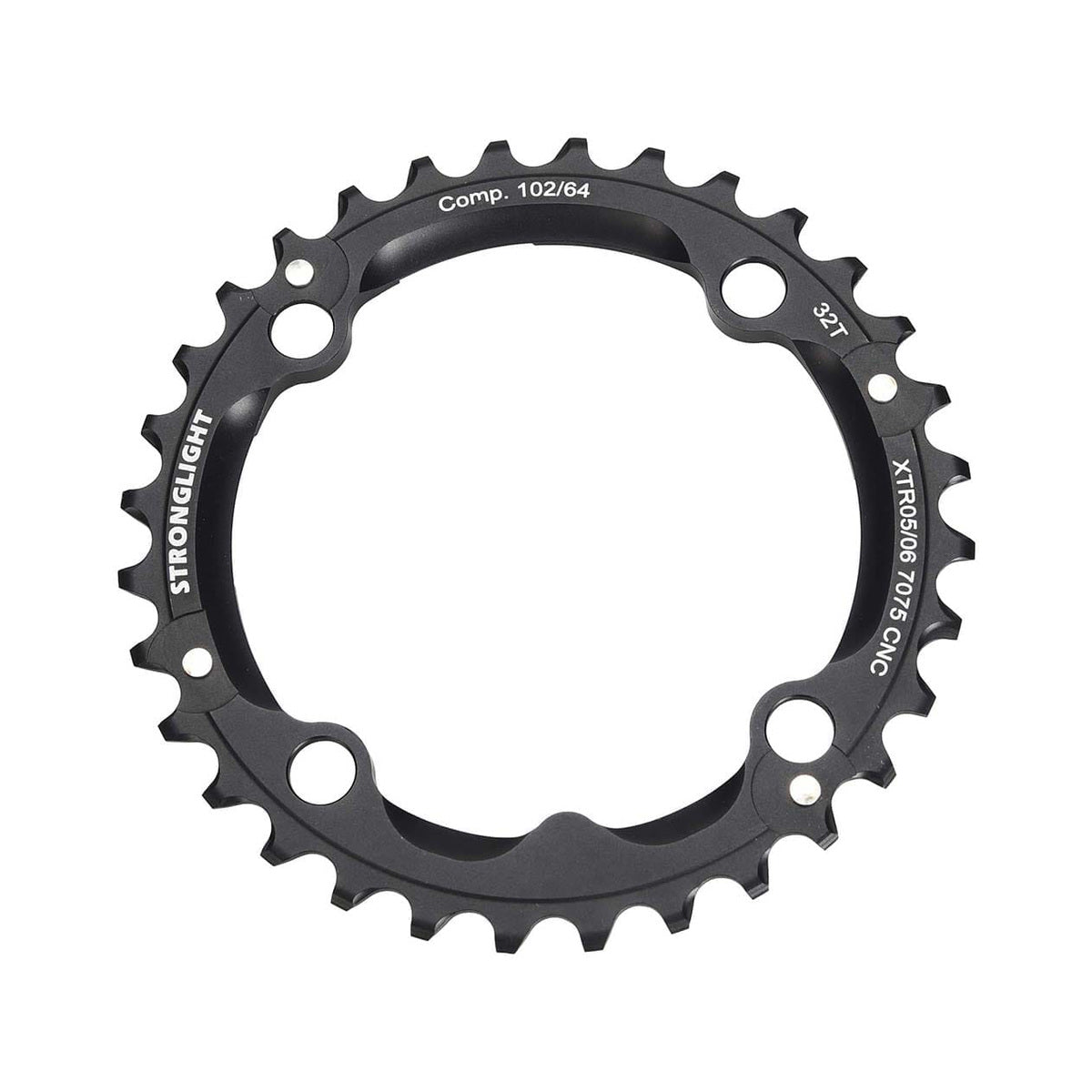 Mittleres Kettenblatt STRONGLIGHT Aluminium 7075 SHIMANO XTR M960 9-fach, 4-Loch, 102 mm — Kettenblatt auf weißem Hintergrund