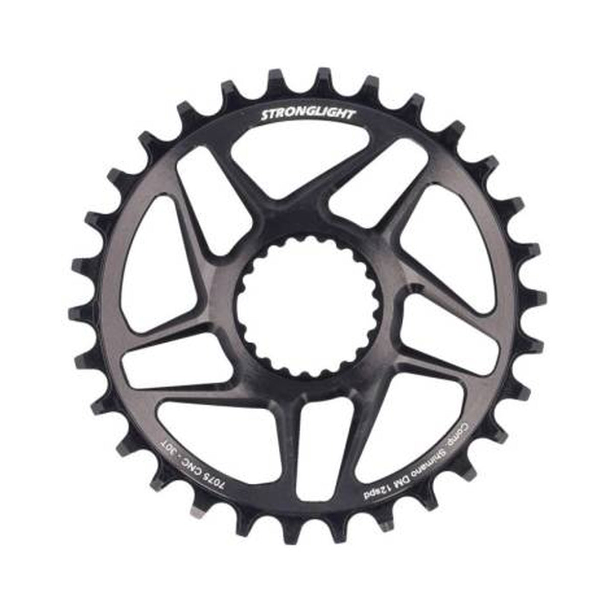 Einfach-Kettenblatt STRONGLIGHT 12-fach Shimano Direct Mount Schwarz — Kettenblatt auf weißem Hintergrund