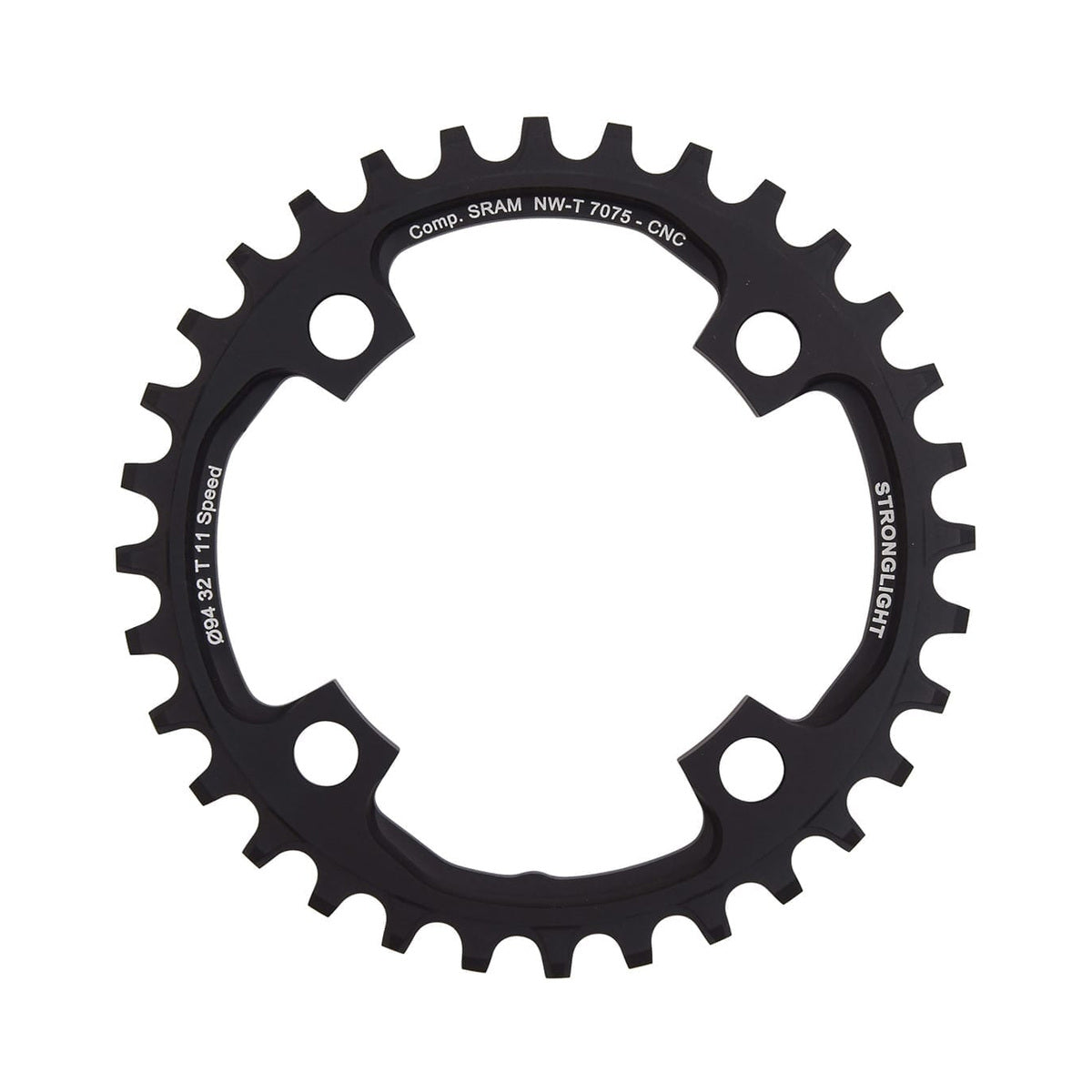 Einfach-Kettenblatt STRONGLIGHT Aluminium 7075 SCHMAL-BREIT Sram X01 11-fach, 4-Loch, 94 mm — Kettenblatt auf weißem Hintergrund