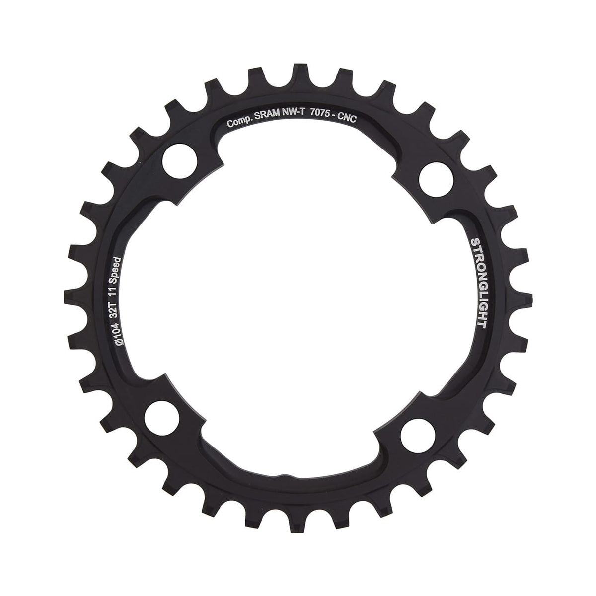 Einfach-Kettenblatt STRONGLIGHT Aluminium 7075 SCHMAL-BREIT Sram X01 11-fach, 4-Loch, 104 mm — Kettenblatt auf weißem Hintergrund