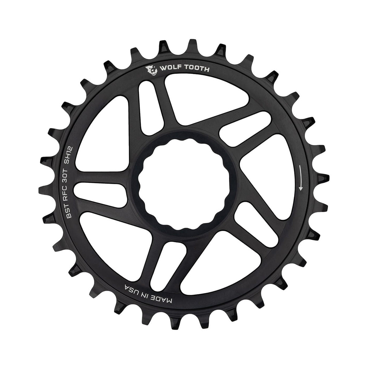 Einfach-Kettenblatt WOLF TOOTH BOOST 12-fach Raceface CINCH Shimano Direct Mount, 3 mm Versatz, Schwarz — Kettenblatt auf weißem Hintergrund