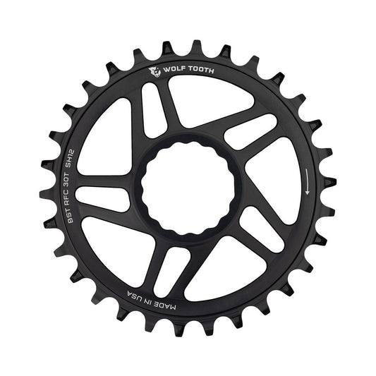 Einfach-Kettenblatt WOLF TOOTH BOOST 12-fach Raceface CINCH Shimano Direct Mount, 3 mm Versatz, Schwarz — Kettenblatt auf weißem Hintergrund