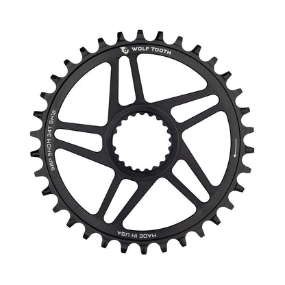 Einfach-Kettenblatt WOLF TOOTH BOOST 12-fach Shimano Direct Mount, 3 mm Versatz, Schwarz — Kettenblatt auf weißem Hintergrund