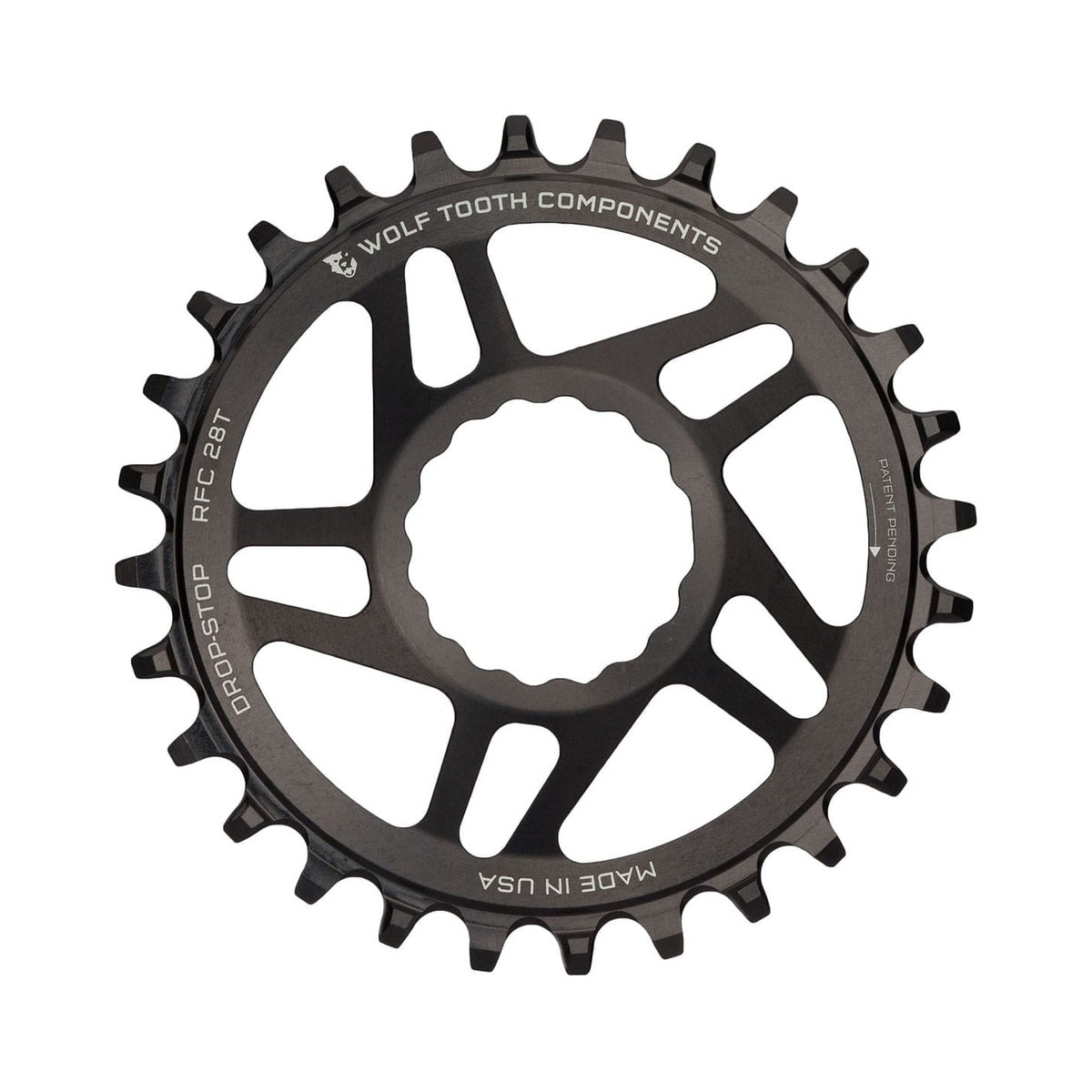 Einfach-Kettenblatt WOLF TOOTH 9/10/11/12-fach Raceface CINCH Direct Mount, 6 mm Versatz, Schwarz — Kettenblatt auf weißem Hintergrund