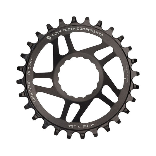 Einfach-Kettenblatt WOLF TOOTH 9/10/11/12-fach Raceface CINCH Direct Mount, 6 mm Versatz, Schwarz — Kettenblatt auf weißem Hintergrund