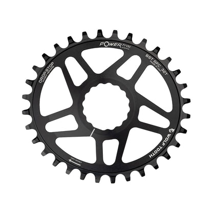 Ovales Einfach-Kettenblatt WOLF TOOTH BOOST ELLIPTISCH 9/10/11/12-fach Raceface CINCH Direct Mount, 3 mm Versatz, Schwarz — Kettenblatt auf weißem Hintergrund