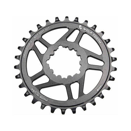 Einfach-Kettenblatt WOLF TOOTH BOOST 10/11/12-fach Sram Direct Mount, 3 mm Versatz, Schwarz — Kettenblatt auf weißem Hintergrund