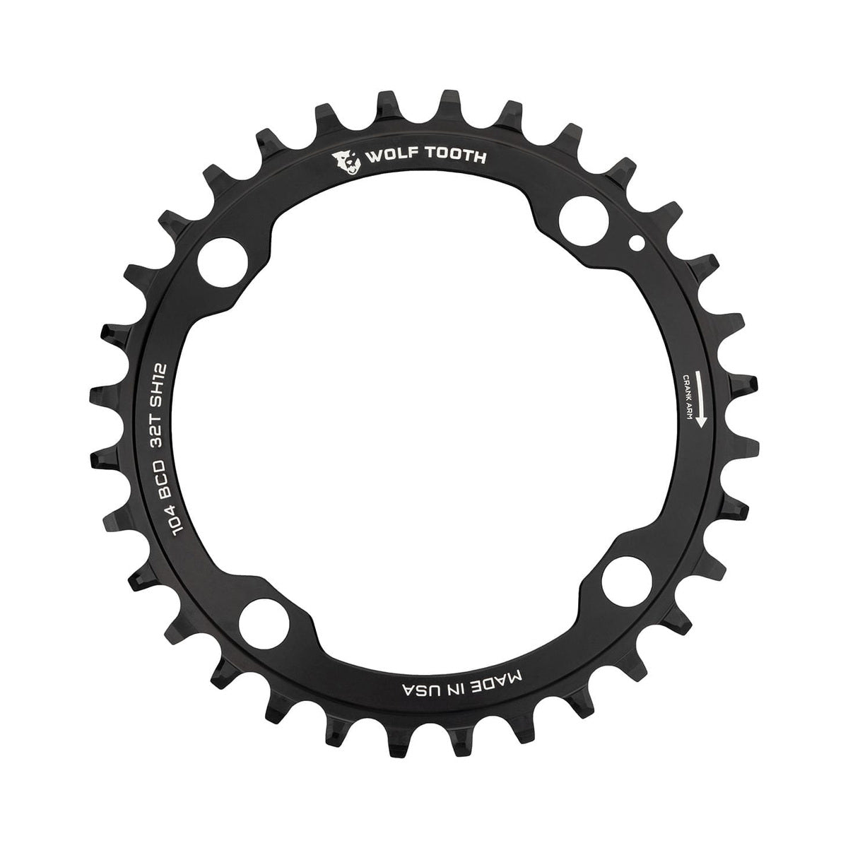 Einfach-Kettenblatt WOLF TOOTH 104 BCD 12-fach Shimano, 4-Loch, 104 mm, Schwarz — Kettenblatt auf weißem Hintergrund