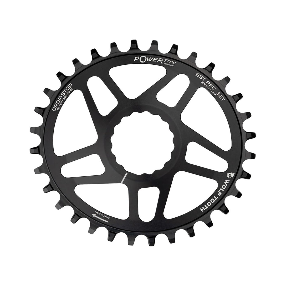 Ovales Einfach-Kettenblatt WOLF TOOTH ELLIPTISCH BOOST 12-fach Raceface CINCH Direct Mount, 3 mm Versatz, Schwarz — Kettenblatt auf weißem Hintergrund