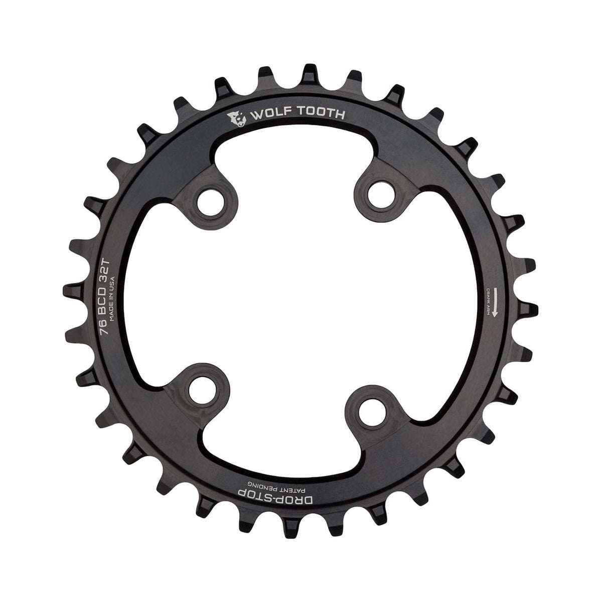 Einfach-Kettenblatt WOLF TOOTH 76 BCD 10/11/12-fach Sram XX1/Specialized STOUT, 4-Loch, 76 mm, Schwarz — Kettenblatt auf weißem Hintergrund