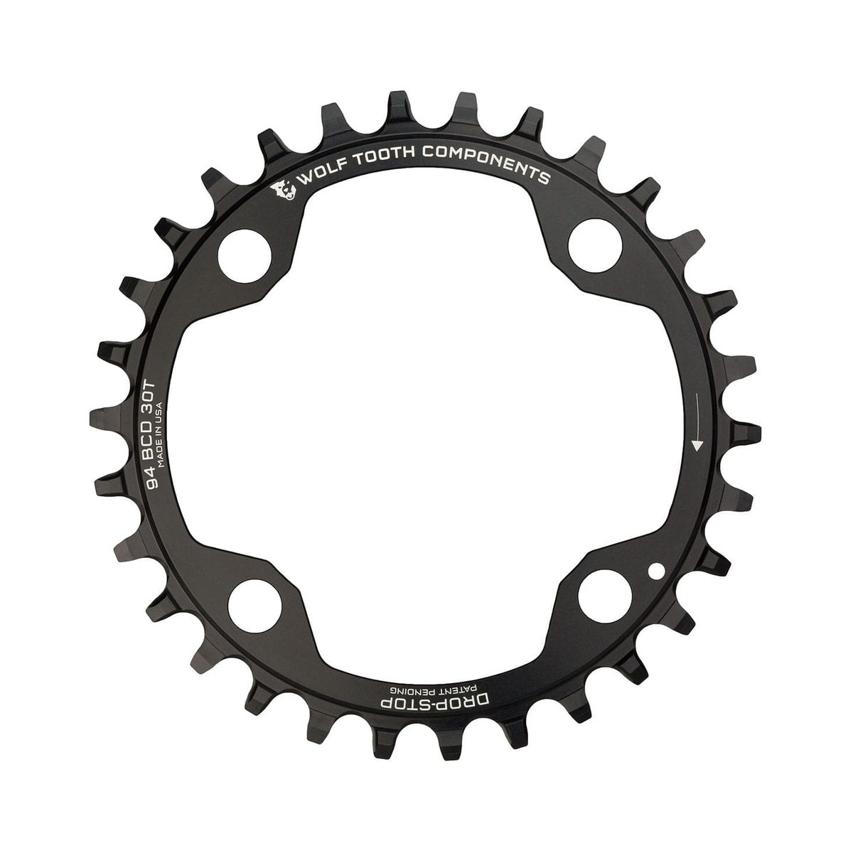 Einfach-Kettenblatt WOLF TOOTH 94 BCD 10/11-fach Sram X01/X1/GX/NX, 4-Loch, 94 mm, Schwarz — Kettenblatt auf weißem Hintergrund
