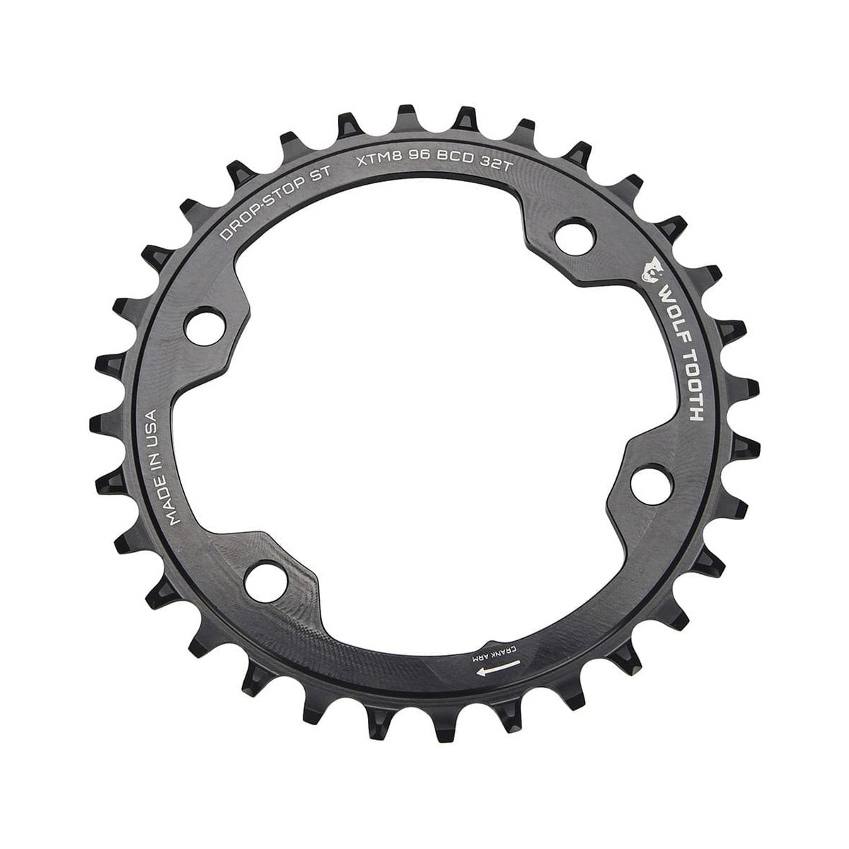 Einfach-Kettenblatt WOLF TOOTH 96 BCD 12-fach Shimano, 4-Loch, 96 mm, Schwarz — Kettenblatt auf weißem Hintergrund