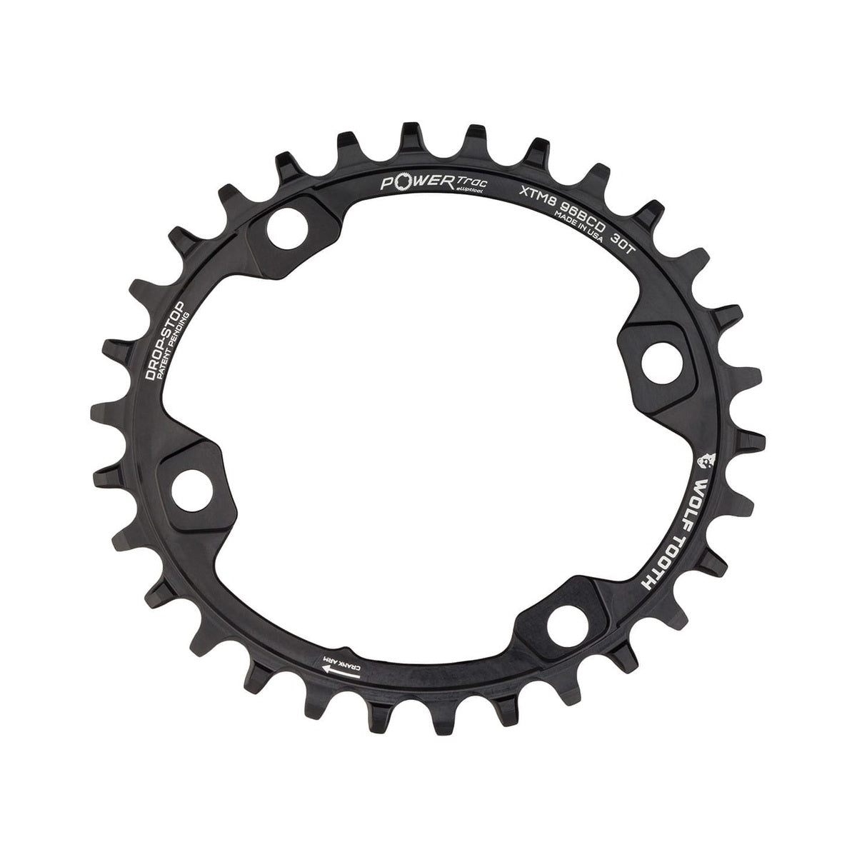 Ovales Einfach-Kettenblatt WOLF TOOTH ELLIPTISCH 96 BCD 11-fach Shimano XT M8000/SLX M7000, 4-Loch, 96 mm, Schwarz — Kettenblatt auf weißem Hintergrund
