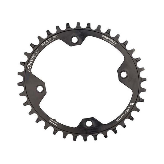 Ovales Einfach-Kettenblatt WOLF TOOTH ELLIPTISCH 104 BCD 12-fach Shimano, 4-Loch, 104 mm, Schwarz — Kettenblatt auf weißem Hintergrund