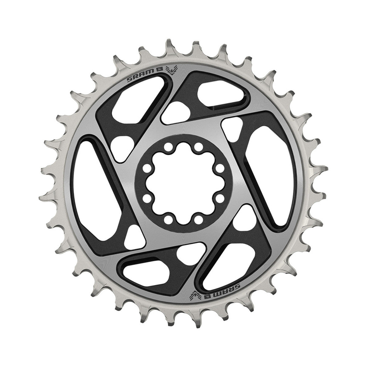 SRAM XX-SL T-TYPE EAGLE BOOST Kettenblatt für Einfachantrieb, 12-fach, Direct Mount, 0 mm Offset, Schwarz/Silber — Ansicht des Kettenblatts auf weißem Hintergrund