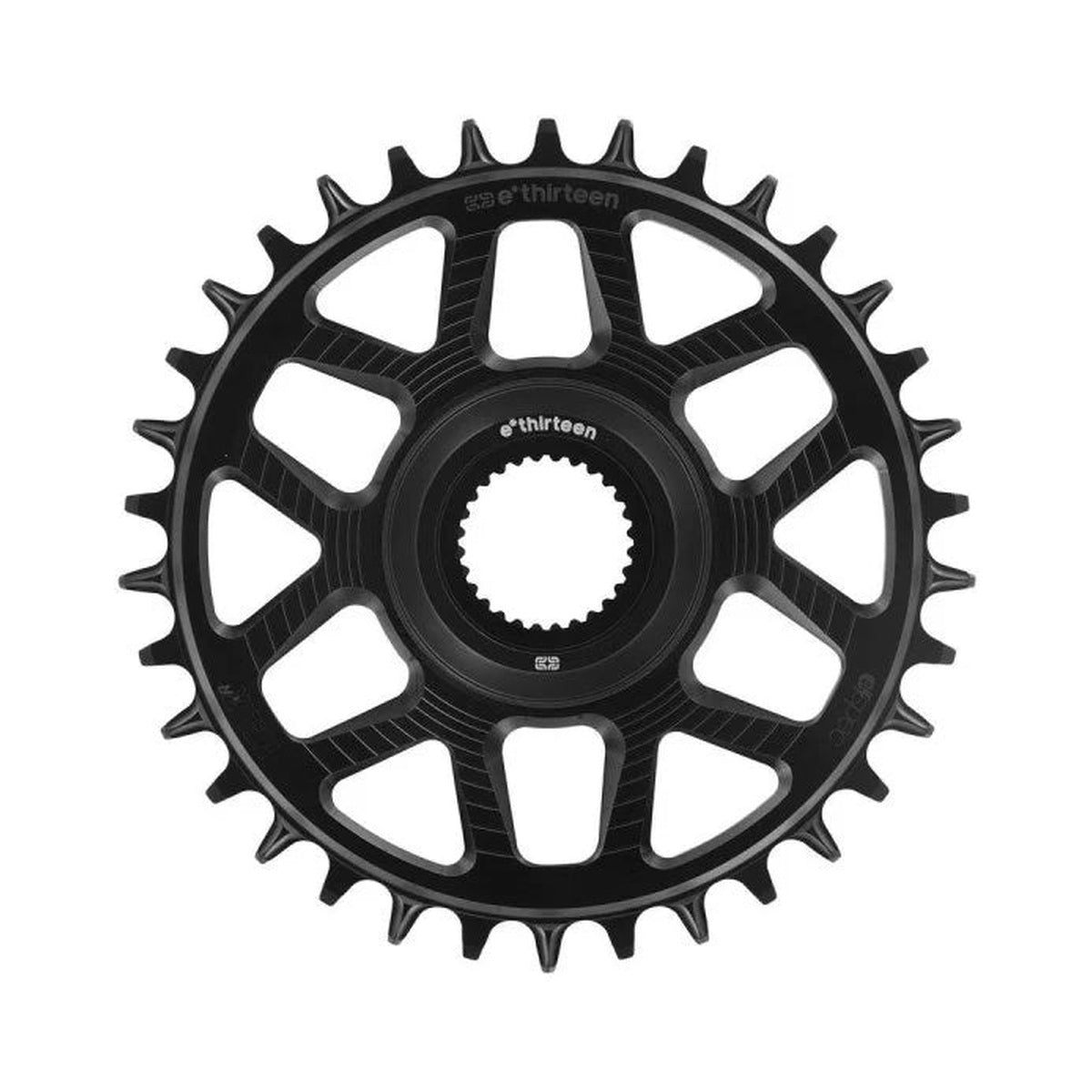 E-THIRTEEN HELIX RACE E-SPEC 1-fach-Kettenblatt, 11/12-fach, Direct Mount für Bosch Gen4, 15 mm Versatz, Schwarz — Kettenblatt auf weißem Hintergrund