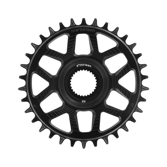 E-THIRTEEN HELIX RACE E-SPEC 1-fach-Kettenblatt, 11/12-fach, Direct Mount für Bosch Gen4, 15 mm Versatz, Schwarz — Kettenblatt auf weißem Hintergrund