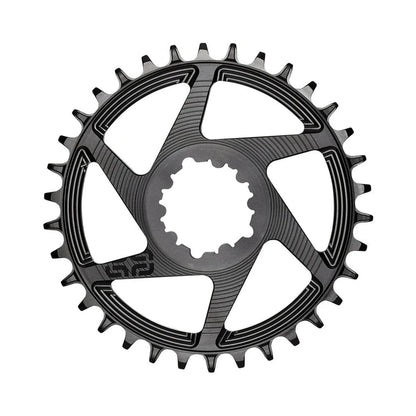 E-THIRTEEN HELIX RACE 1-fach-Kettenblatt, 11/12-fach, SRAM Boost Direct Mount, 3 mm Versatz, Schwarz — Kettenblatt auf weißem Hintergrund