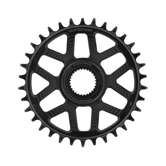 E-THIRTEEN HELIX RACE E-SPEC 1-fach-Kettenblatt, 11/12-fach, Direct Mount für Bosch Gen4, 13 mm Versatz, Schwarz — Kettenblatt auf weißem Hintergrund