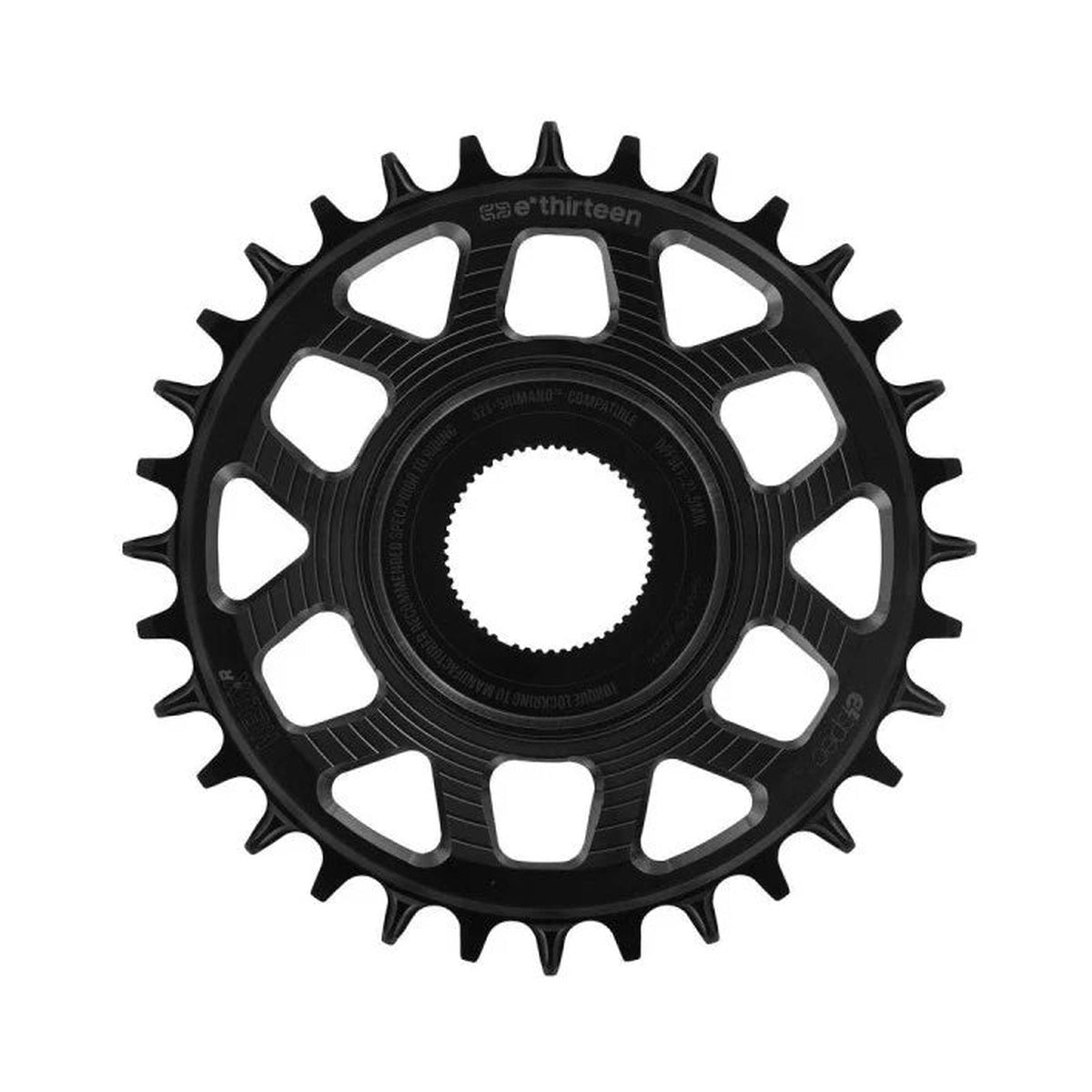 E-THIRTEEN HELIX RACE E-SPEC 1-fach-Kettenblatt, 11/12-fach, Direct Mount für Shimano EP8, Schwarz — Kettenblatt auf weißem Hintergrund
