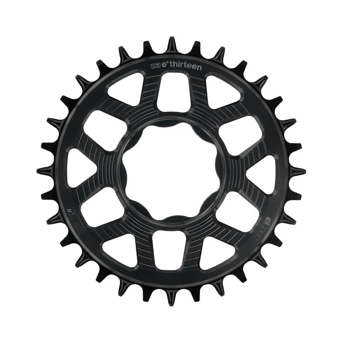 E-THIRTEEN HELIX RACE E-SPEC 1-fach-Kettenblatt, 11/12-fach, Direct Mount für TQ HPR50, Schwarz — Kettenblatt auf weißem Hintergrund