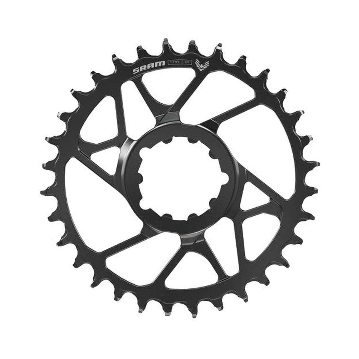 SRAM EAGLE 70 T-TYPE BOOST 1-fach-Kettenblatt, 12-fach, Direct Mount, 3 mm Versatz, Schwarz — Kettenblatt auf weißem Hintergrund
