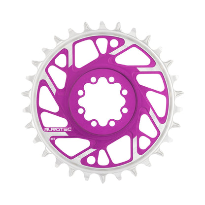 BURGTEC THICK THIN BOOST 1-fach-Kettenblatt, 12-fach, Direct Mount, 8 Schrauben, T-Type Narrow Wide, 3 mm Versatz, Violett — Kettenblatt auf weißem Hintergrund