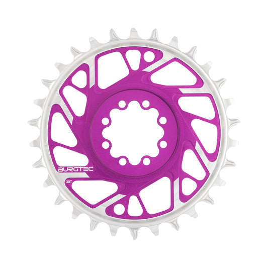 BURGTEC THICK THIN BOOST 1-fach-Kettenblatt, 12-fach, Direct Mount, 8 Schrauben, T-Type Narrow Wide, 3 mm Versatz, Violett — Kettenblatt auf weißem Hintergrund