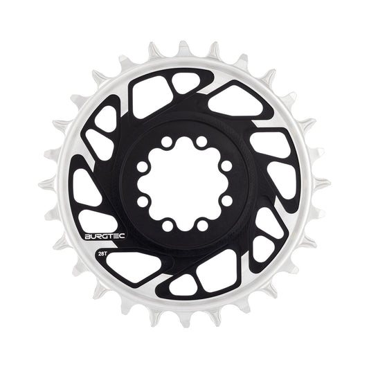 BURGTEC THICK THIN BOOST 1-fach-Kettenblatt, 12-fach, Direct Mount, 8 Schrauben, T-Type Narrow Wide, 3 mm Versatz, Schwarz — Kettenblatt auf weißem Hintergrund