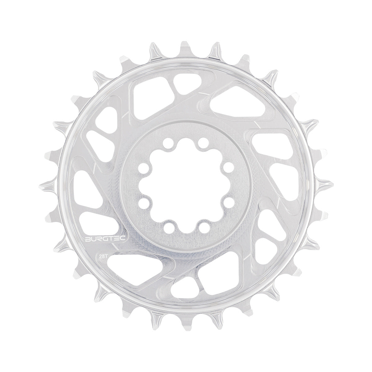 BURGTEC THICK THIN BOOST 1-fach-Kettenblatt, 12-fach, Direct Mount, 8 Schrauben, T-Type Narrow Wide, 3 mm Versatz, Silber — Kettenblatt auf weißem Hintergrund