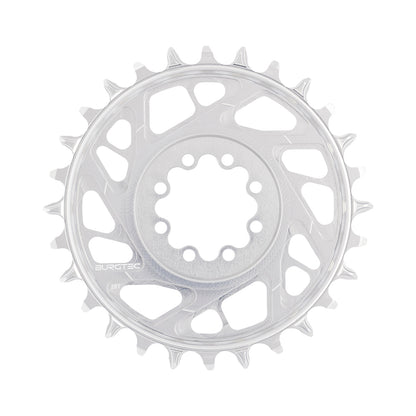 BURGTEC THICK THIN BOOST 1-fach-Kettenblatt, 12-fach, Direct Mount, 8 Schrauben, T-Type Narrow Wide, 3 mm Versatz, Silber — Kettenblatt auf weißem Hintergrund